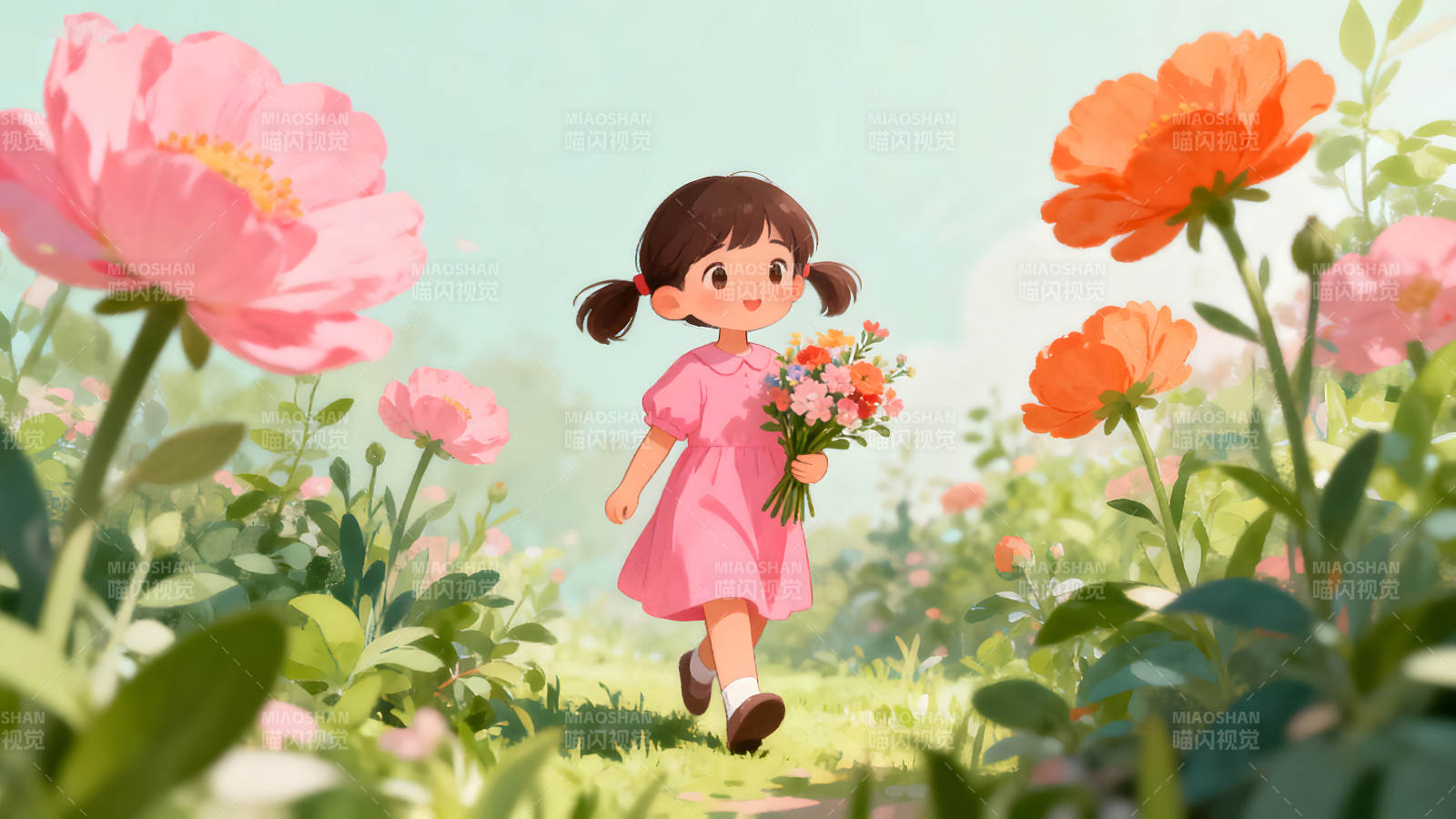 女孩在花丛中漫步图片
