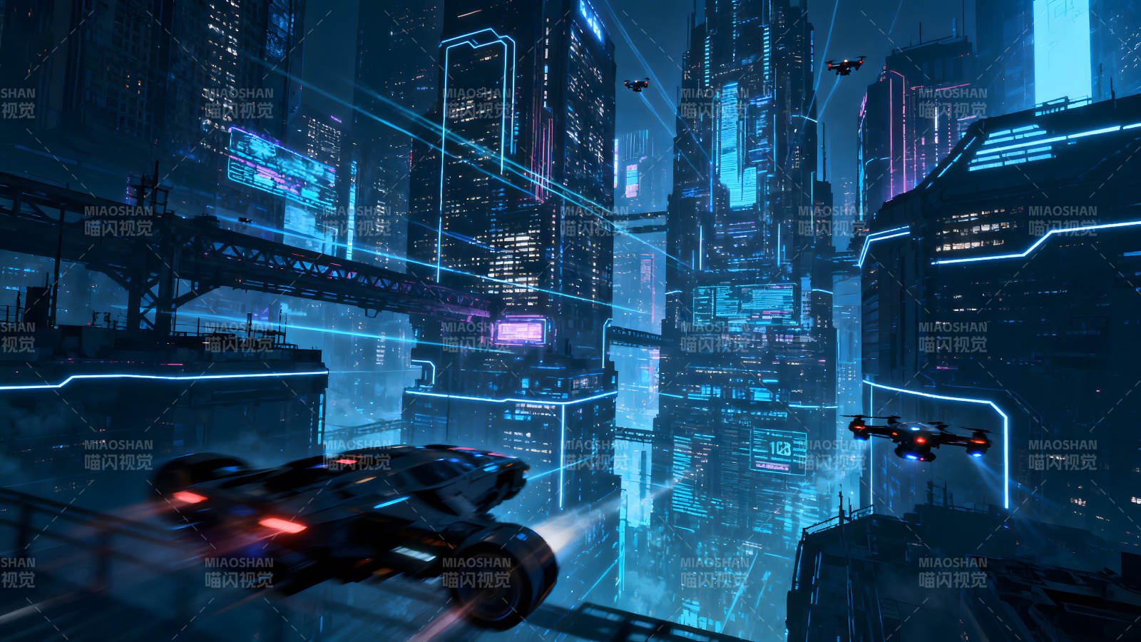 未来都市夜景赛博朋克风飞船穿梭图片