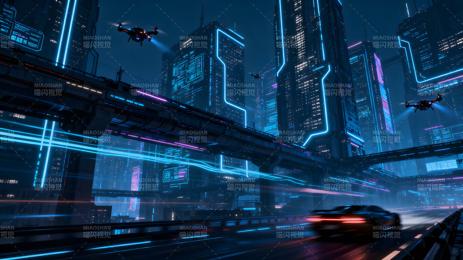 未来都市霓虹夜景与车辆图片