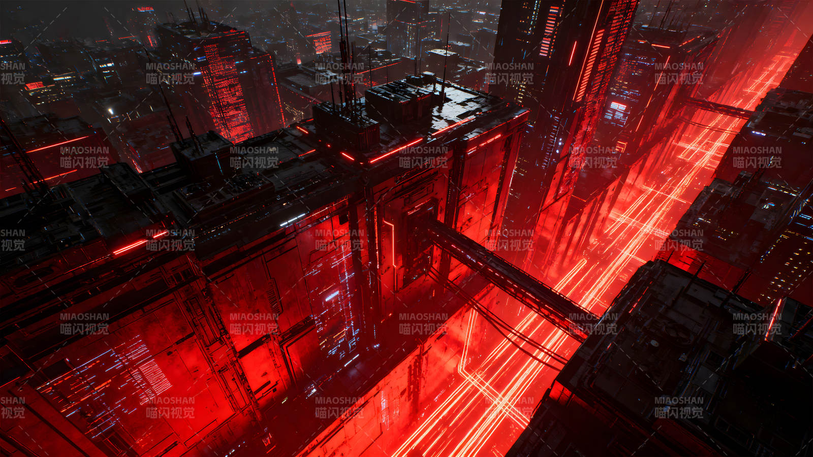 赛博朋克城市夜景红光笼罩氛围感十足图片