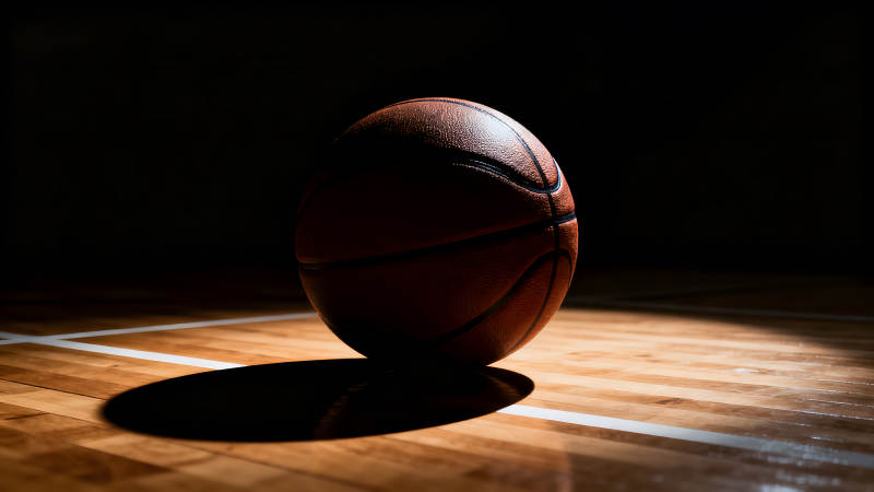 篮球在球场上的特写画面黑暗的光影图片