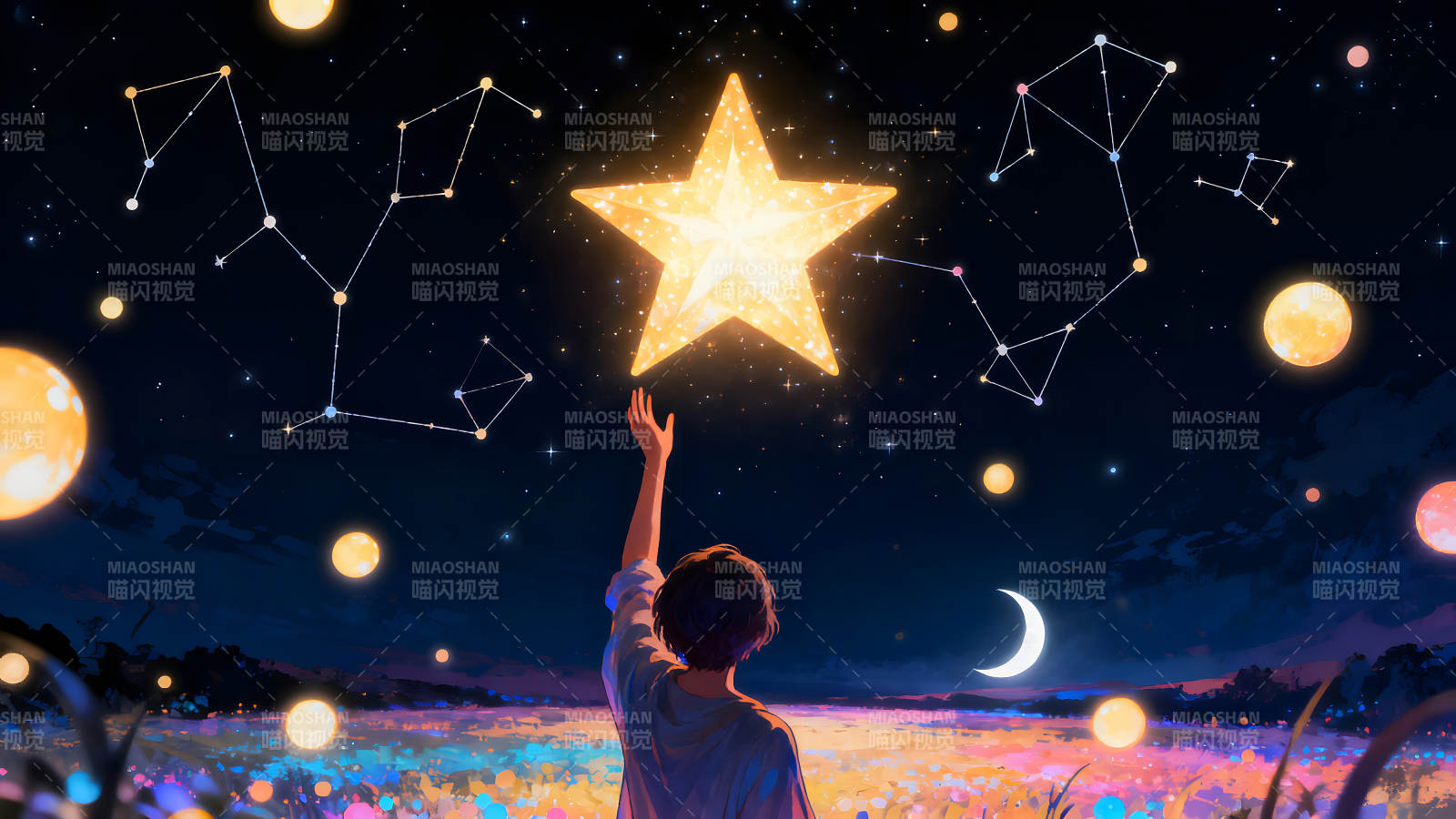 夜晚触碰星星的梦幻场景图片