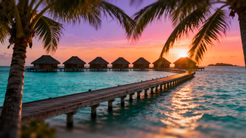 日落时分海上的小屋图片