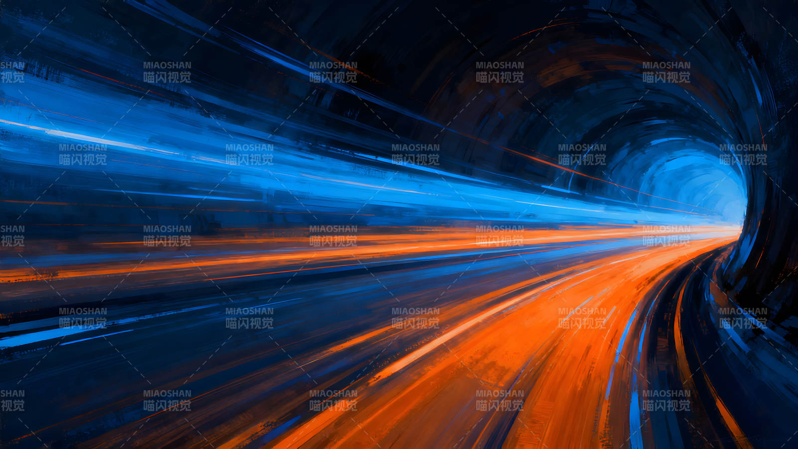 隧道光影疾驰橙蓝交织流光溢彩图片