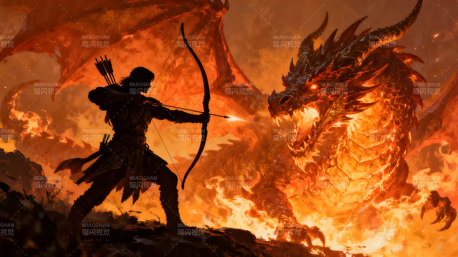 弓箭手大战火焰巨龙的场景图片