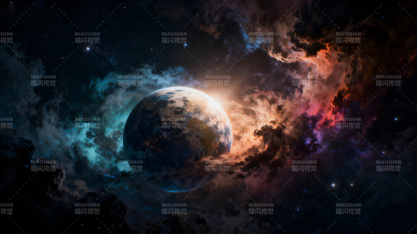 星云环绕的蓝色星球图片