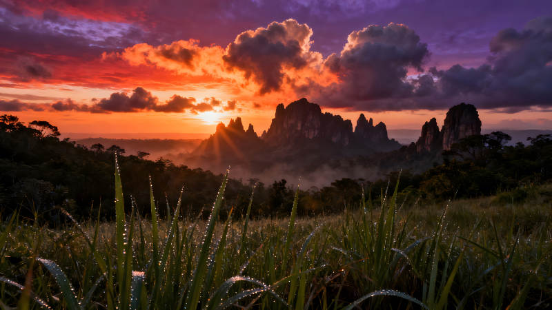 壮丽日落下的山脉与草地图片