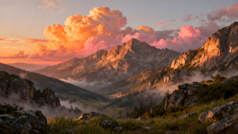 壮丽山景夕阳云彩图片