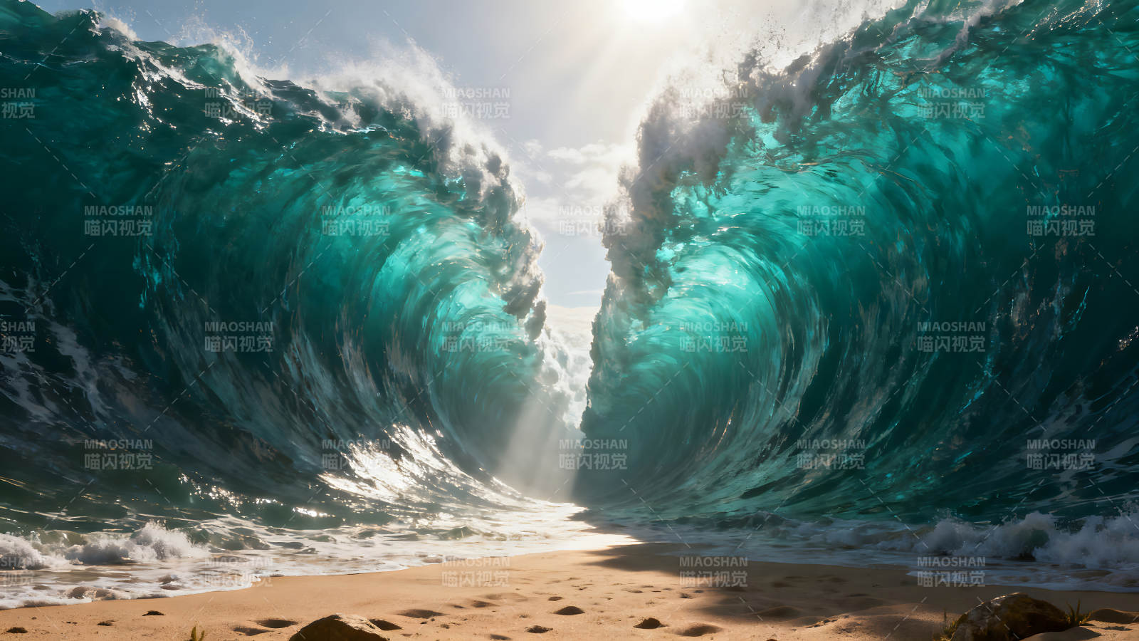 巨浪分开阳光照亮图片