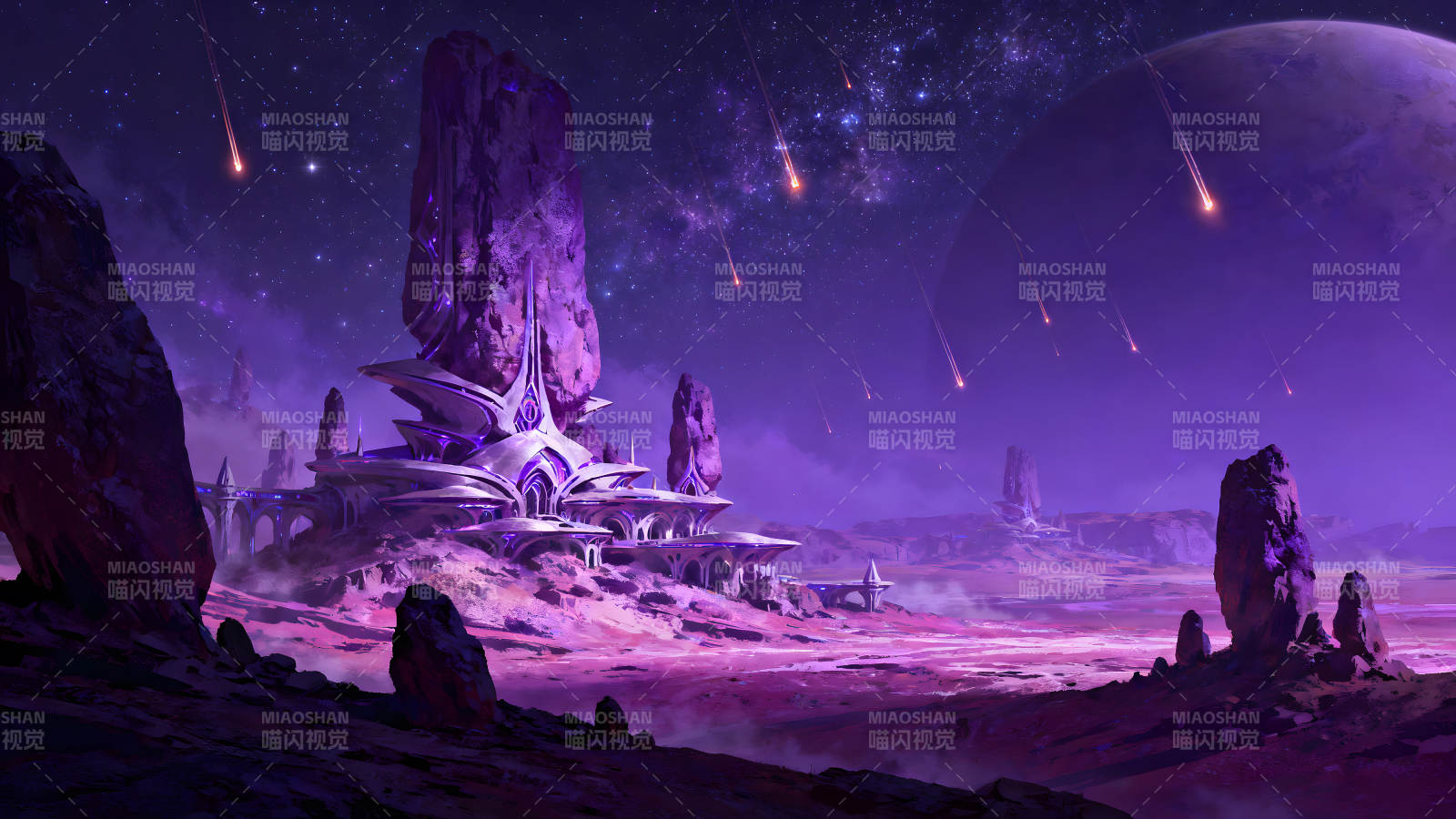 紫色星球的科幻建筑与流星雨图片