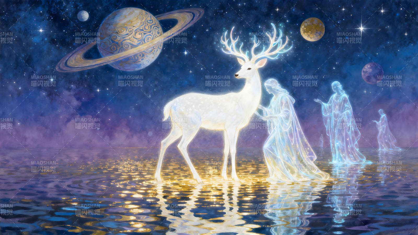 梦幻般星空下的白鹿与精灵图片