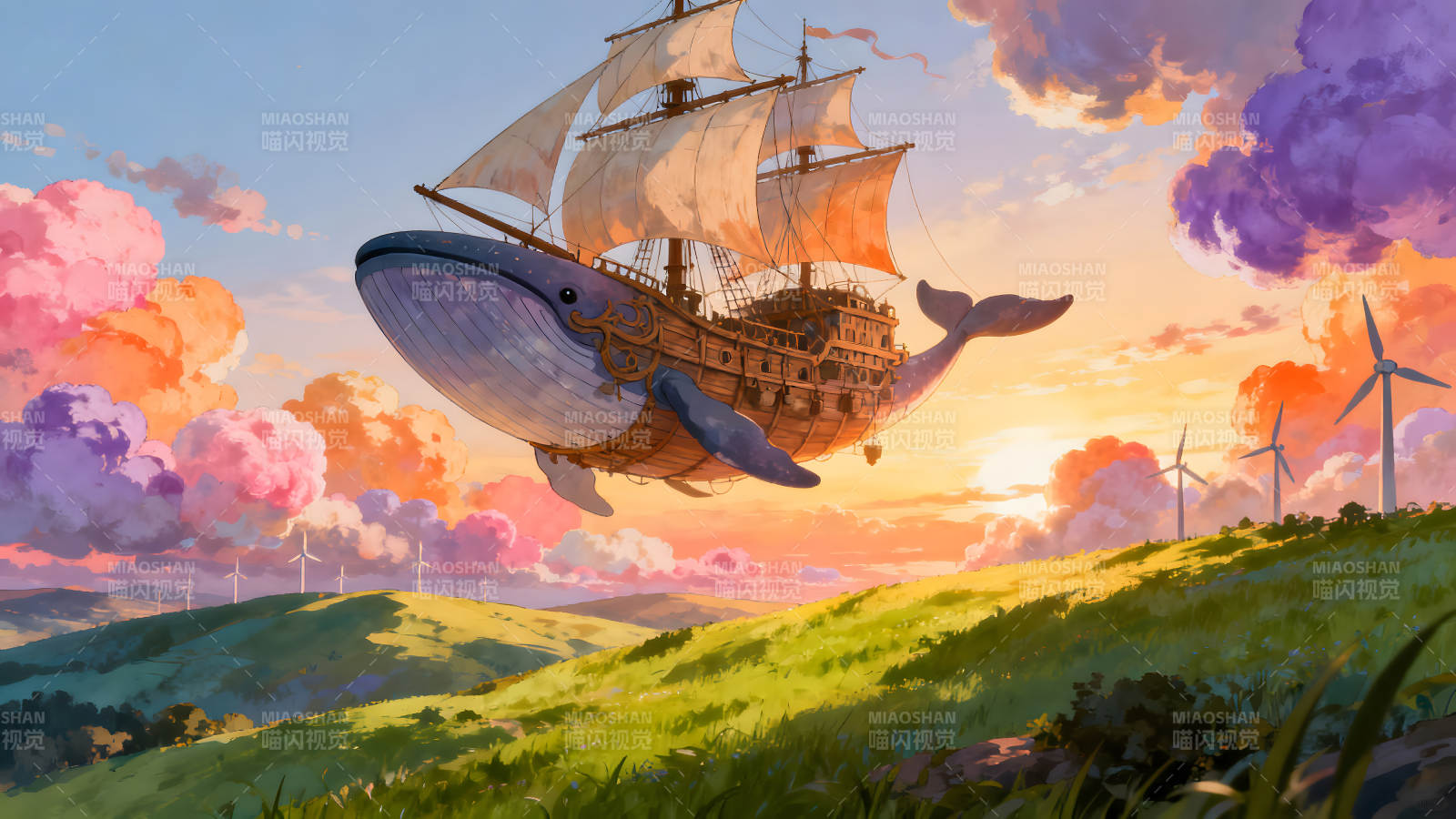 鲸鱼飞船翱翔天空景色梦幻唯美图片