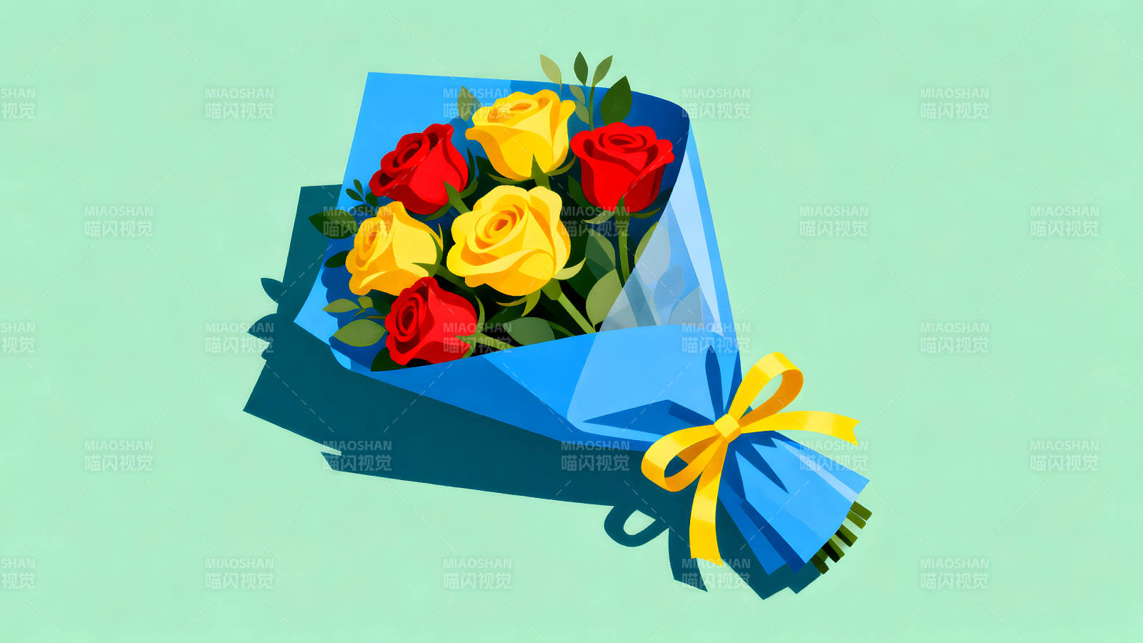 鲜花束蓝纸包裹黄色蝴蝶结图片