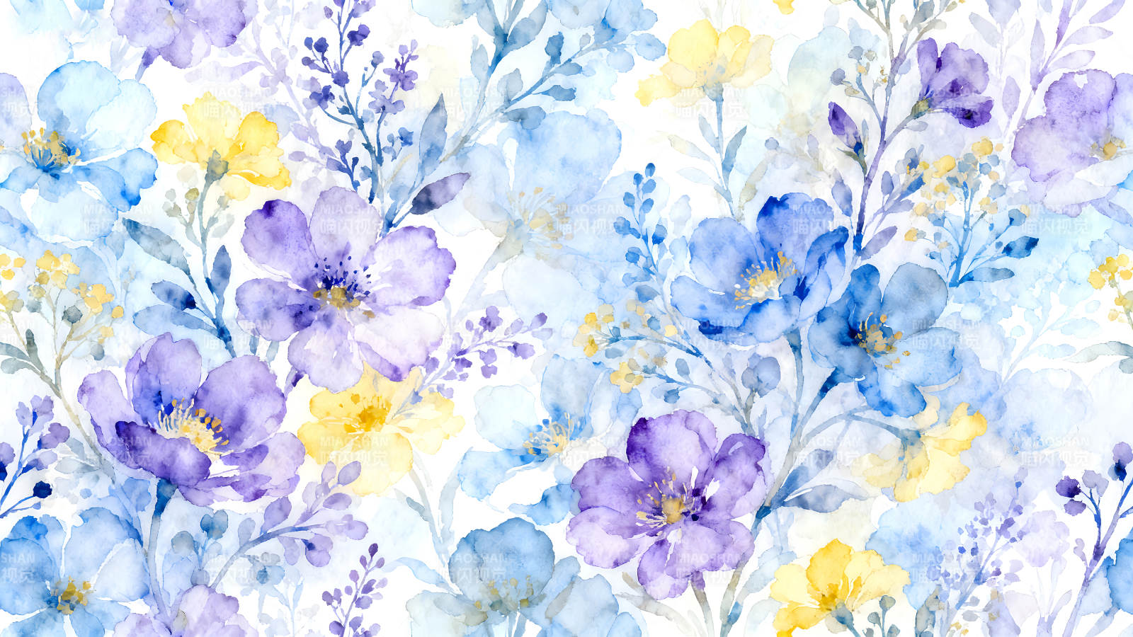 水彩花卉图案蓝色紫色黄色组合图片