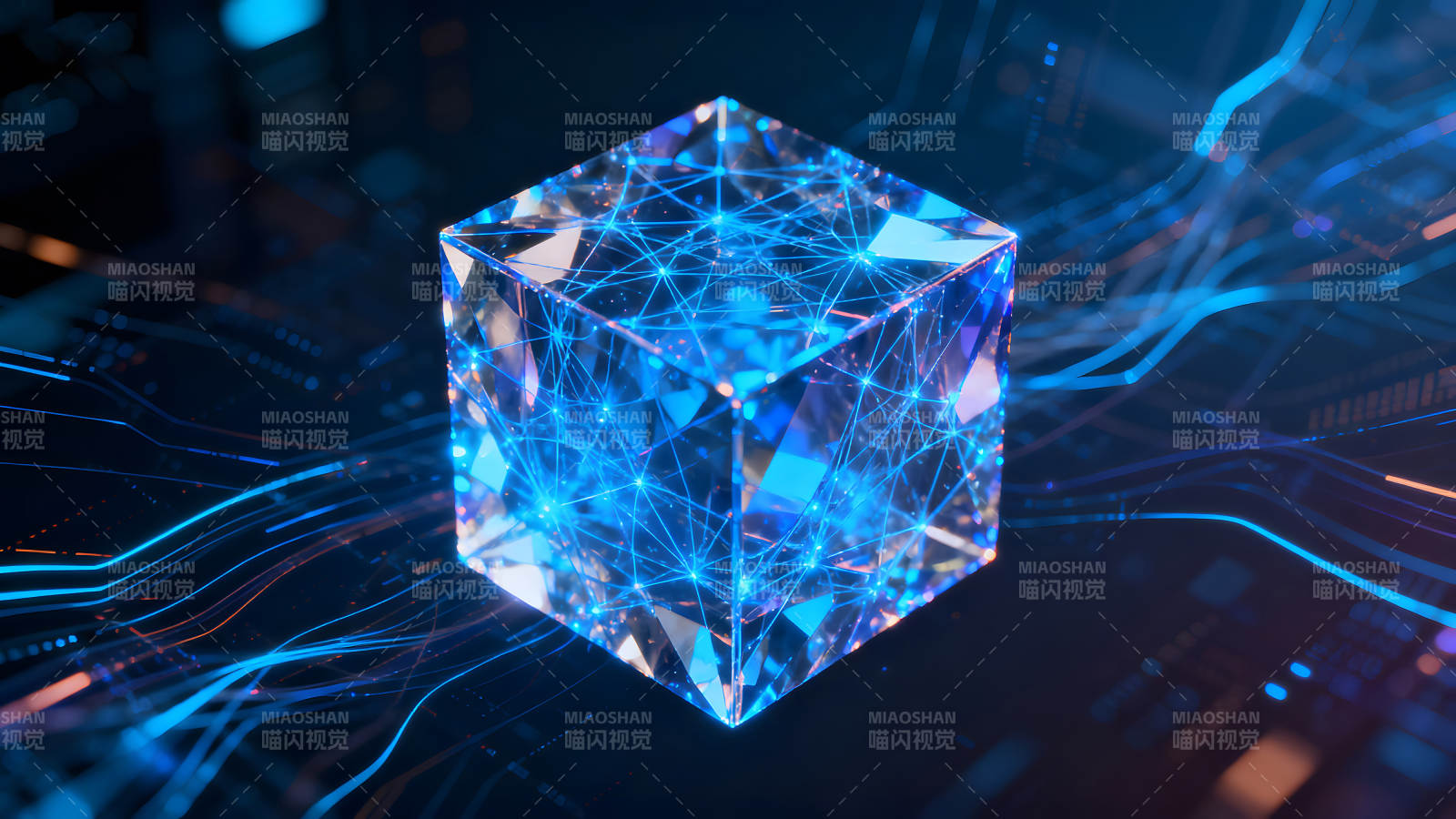 发光立方体与科技线条交织图片