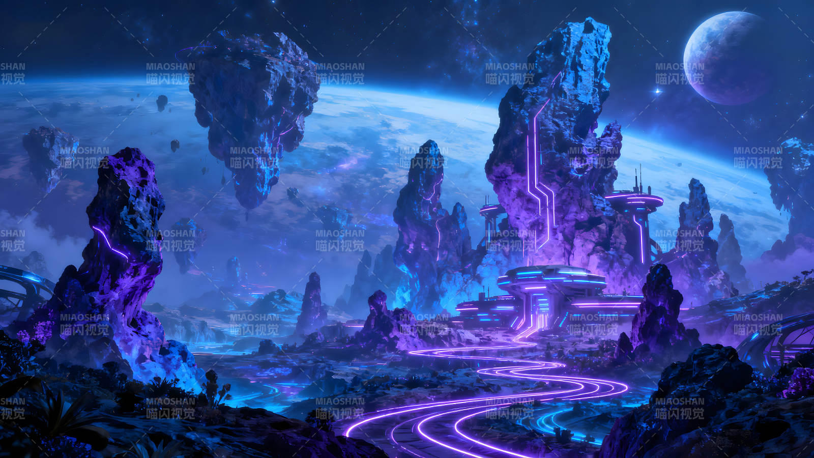 科幻星空下的未来城市景观图片