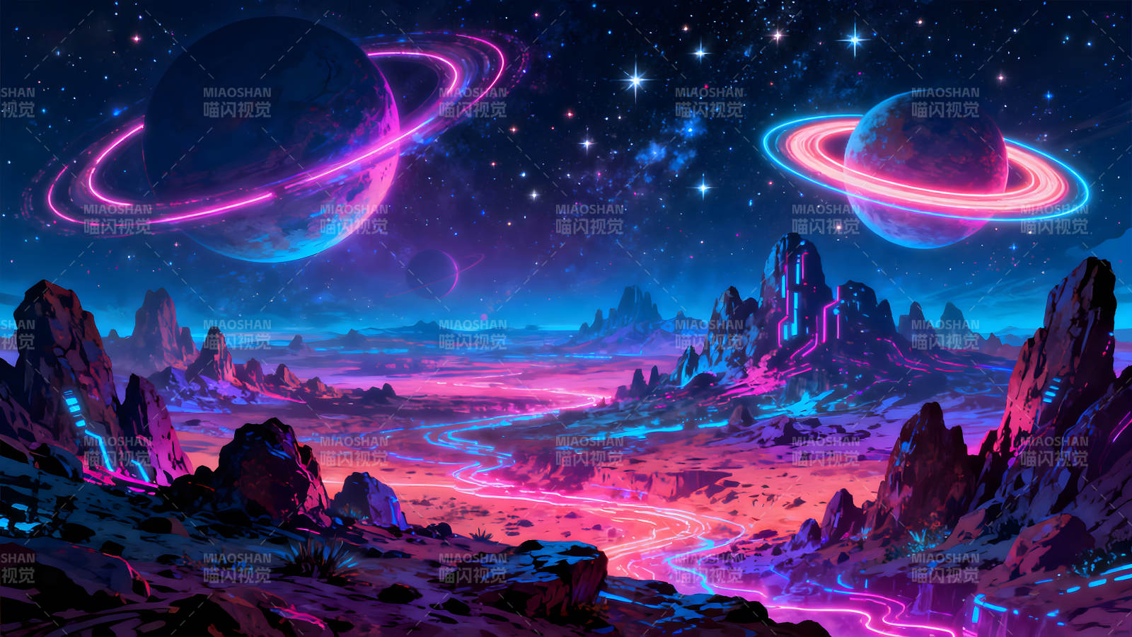 霓虹惑星奇幻景观星空背景图片