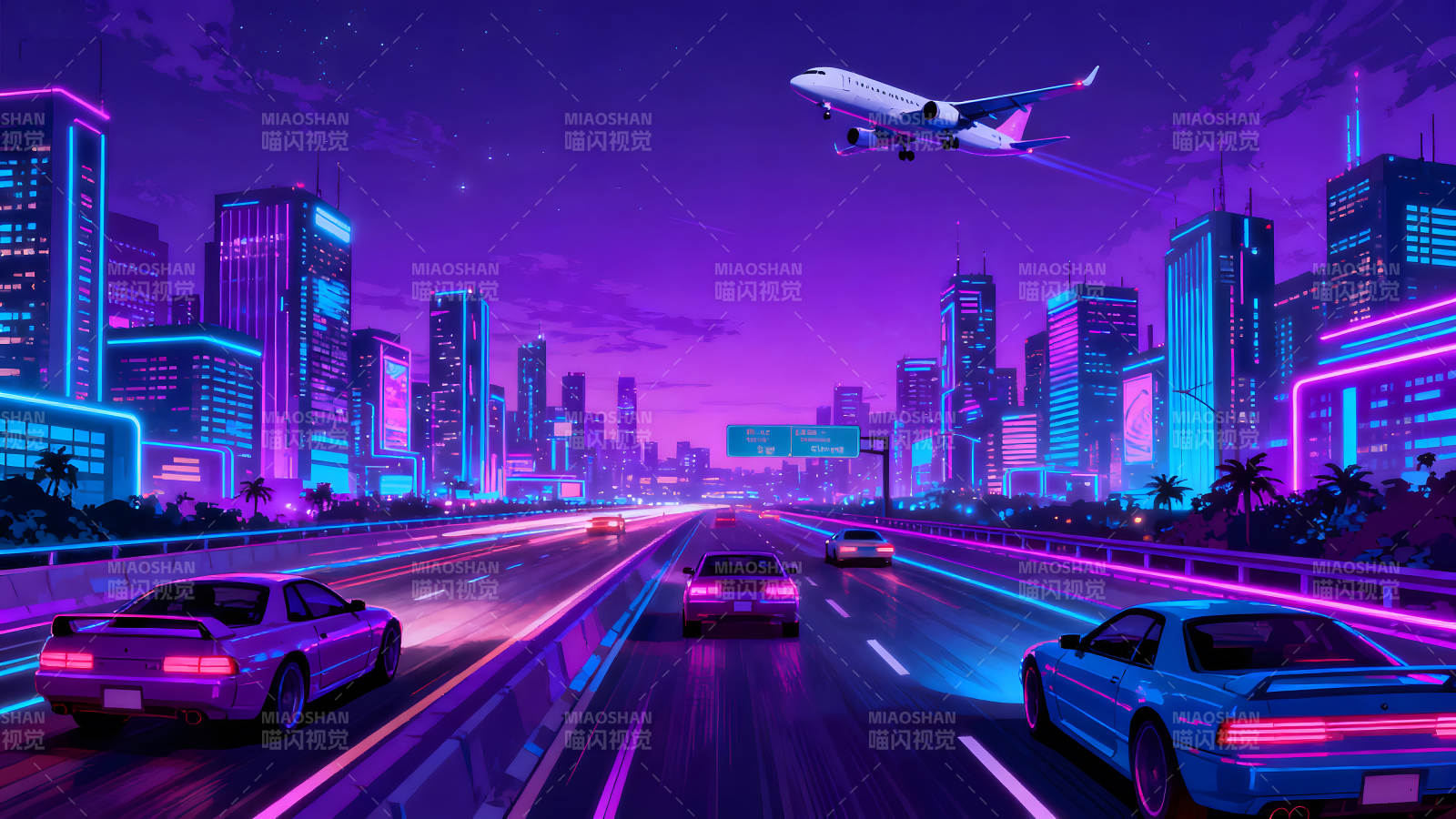 霓虹城市夜景高速公路汽车飞机图片