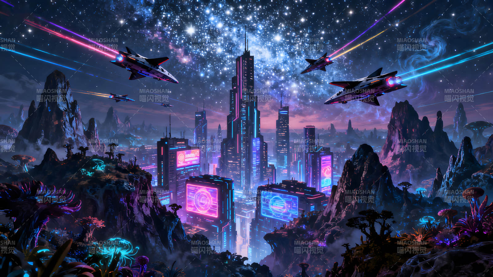 未来城市星空下的宇宙飞船图片