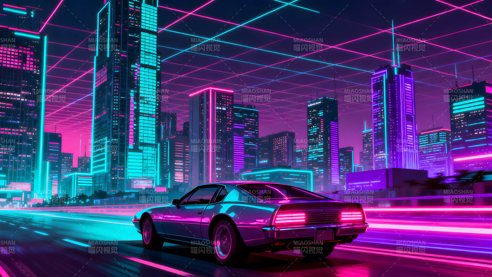 霓虹都市赛车驰骋夜空图片