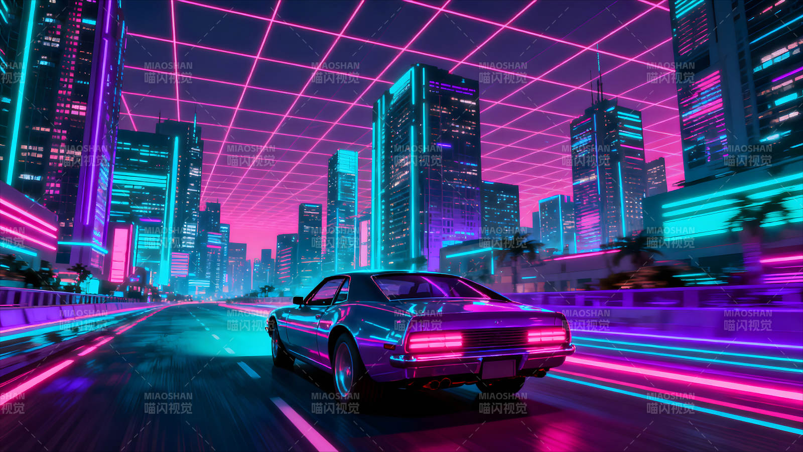 赛博朋克城市夜晚跑车疾驰图片