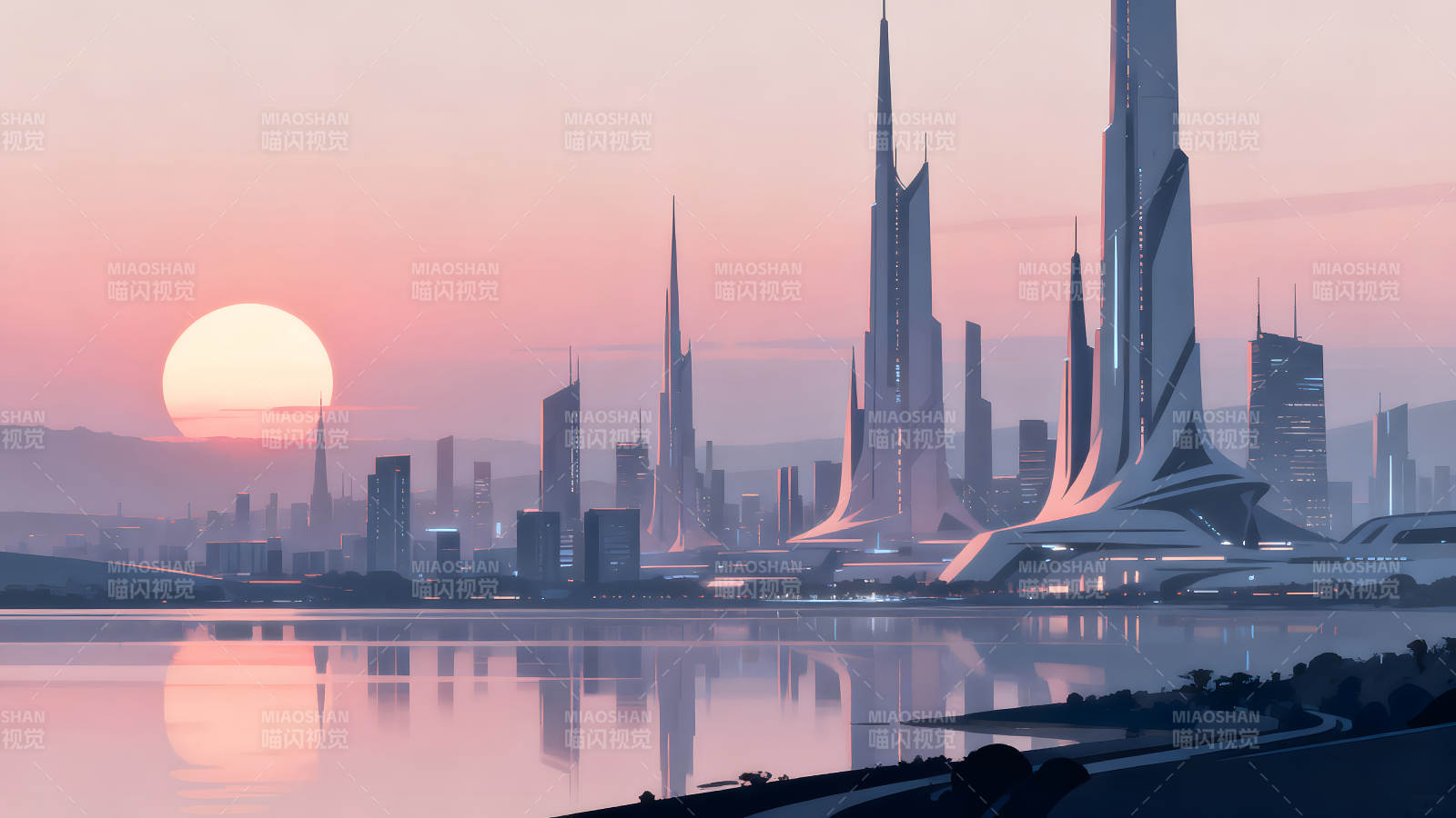 未来都市夕阳景色宁静氛围图片