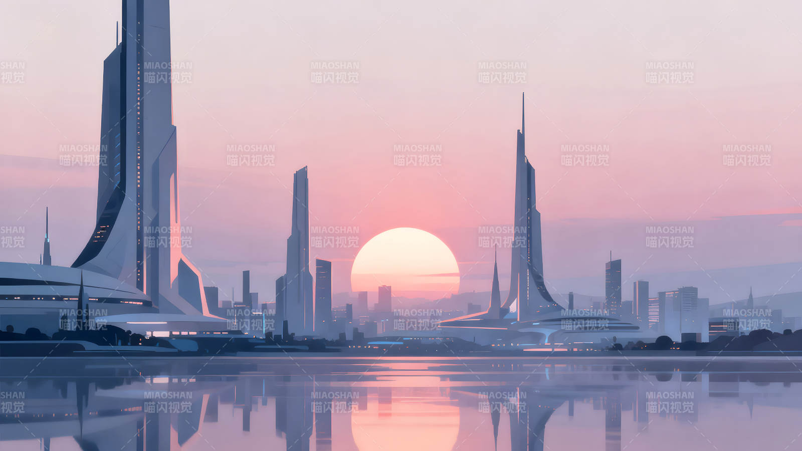 未来城市日落美景水面映衬图片