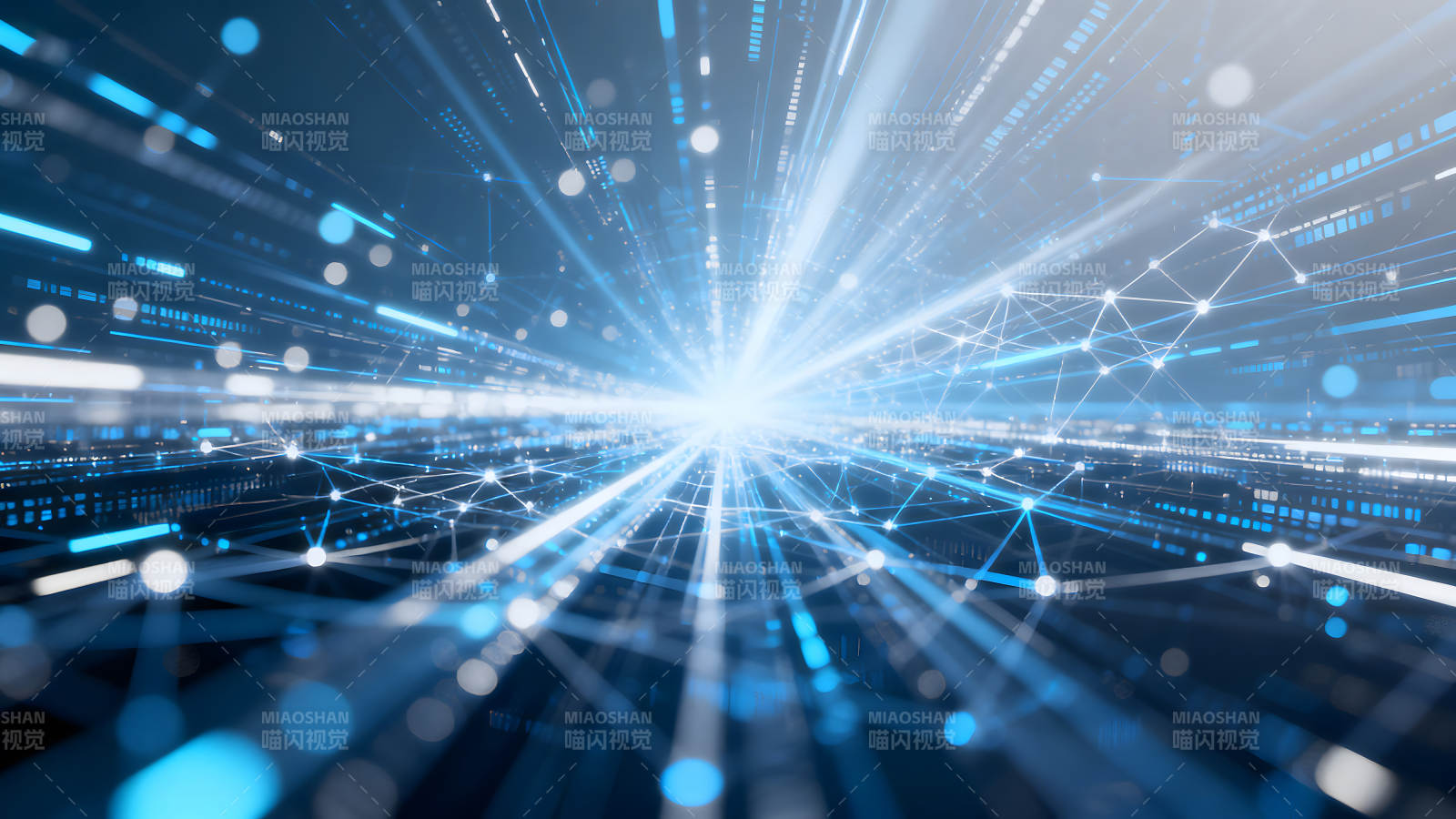 抽象科技感蓝色光束与节点网络图片