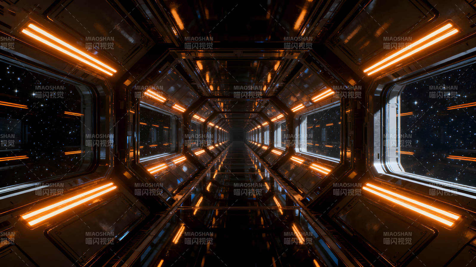 科幻飞船内部通道橙色灯光照亮夜空图片