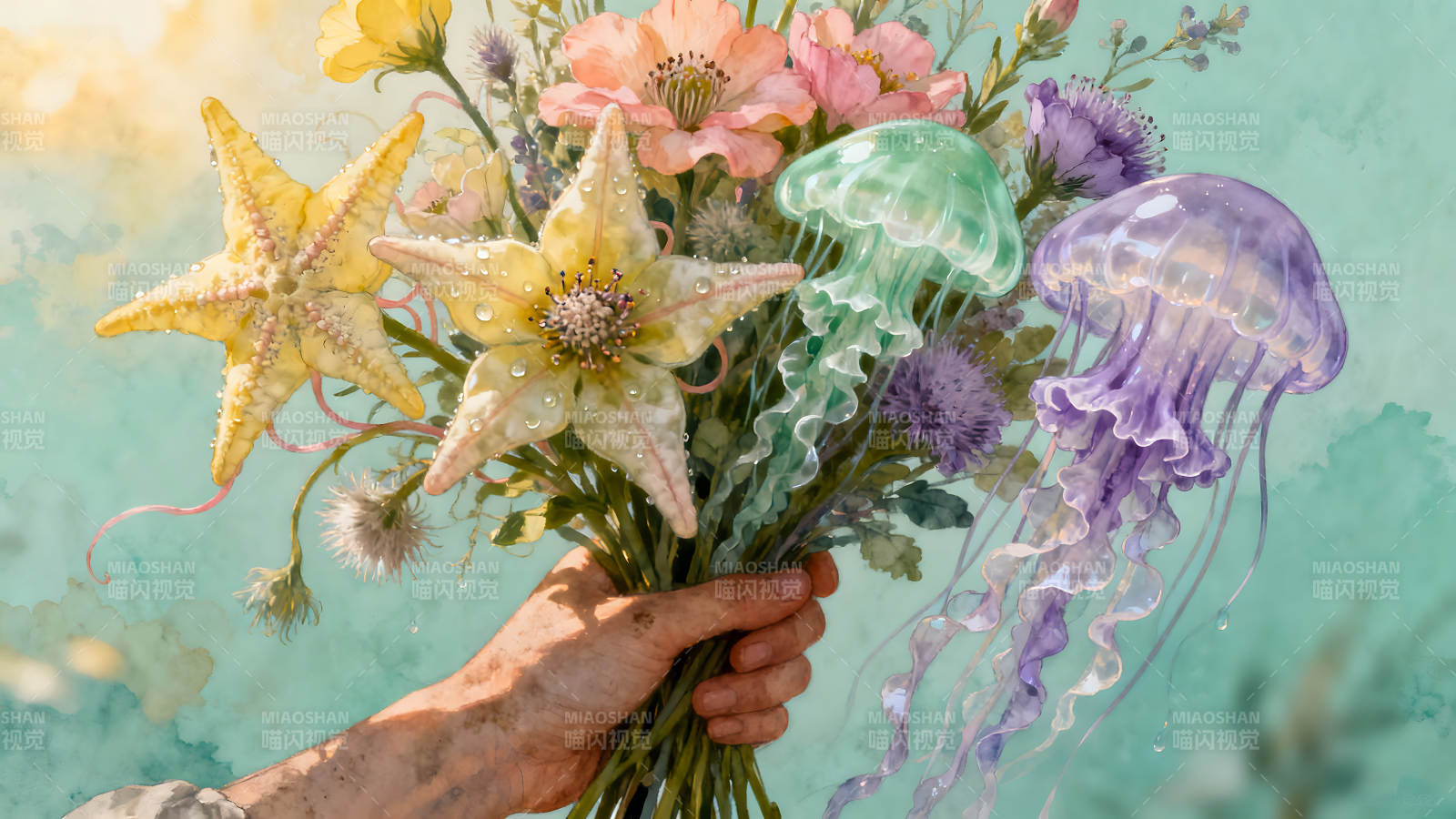 手捧奇幻花束水母星花图片