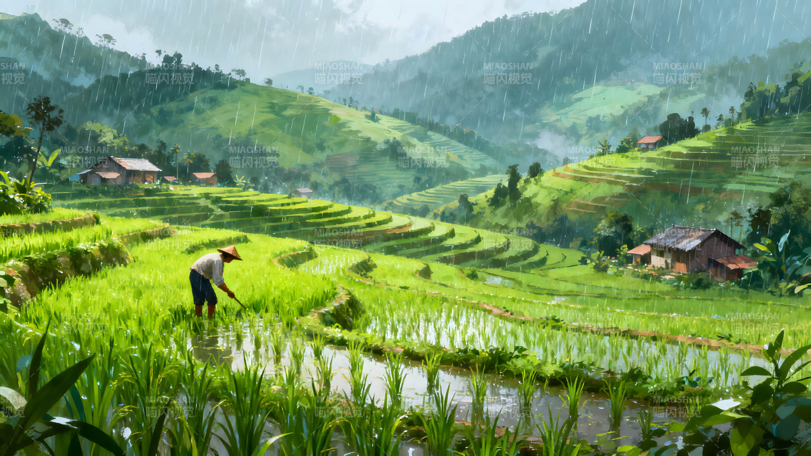 梯田雨景辛勤耕耘的农夫图片