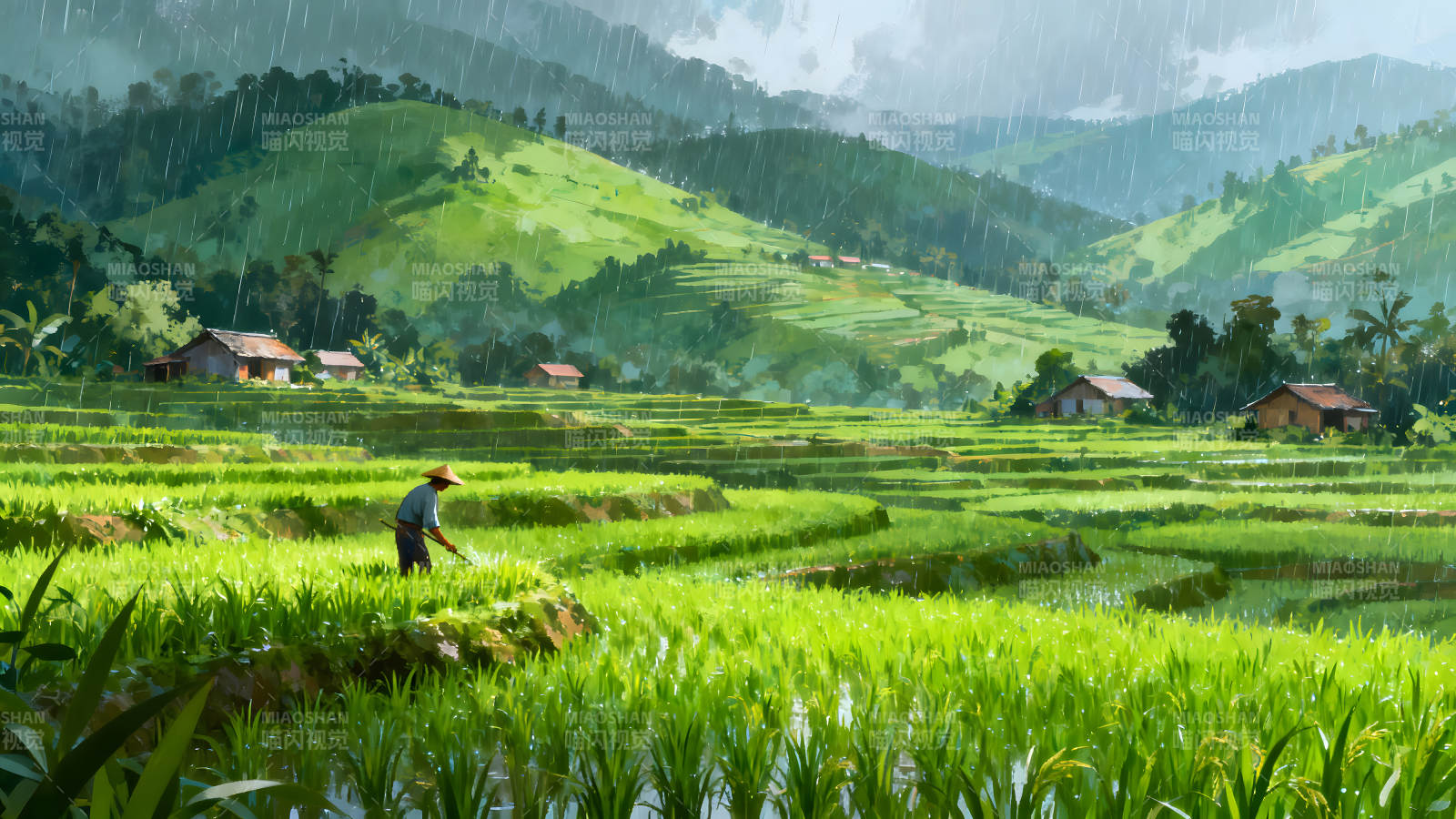 稻田雨景农民劳作山水田园图片