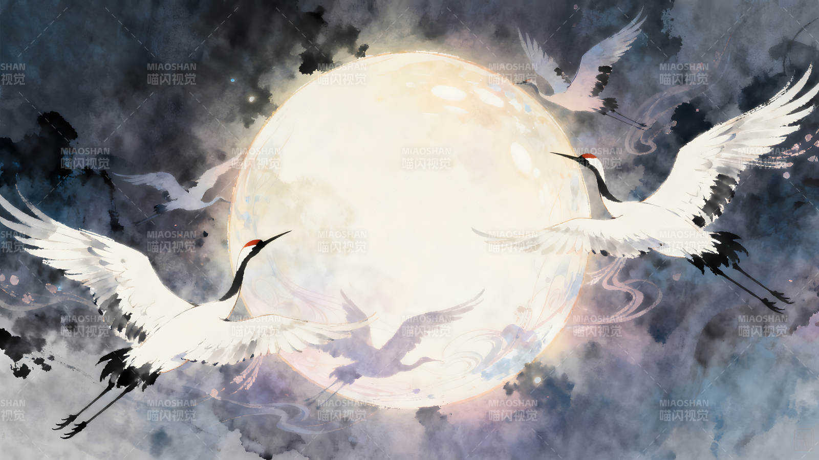 月夜仙鹤飞舞图图片