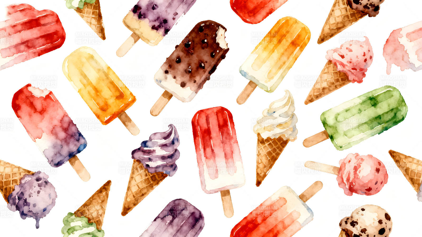 水彩冰棍和冰淇淋的夏日美味图片