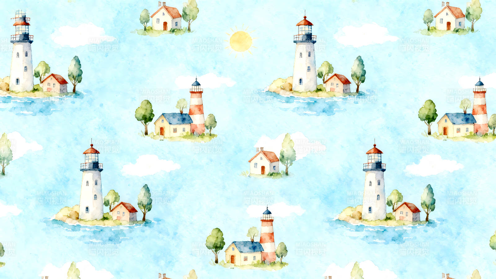 水彩风格的灯塔和房屋图案图片