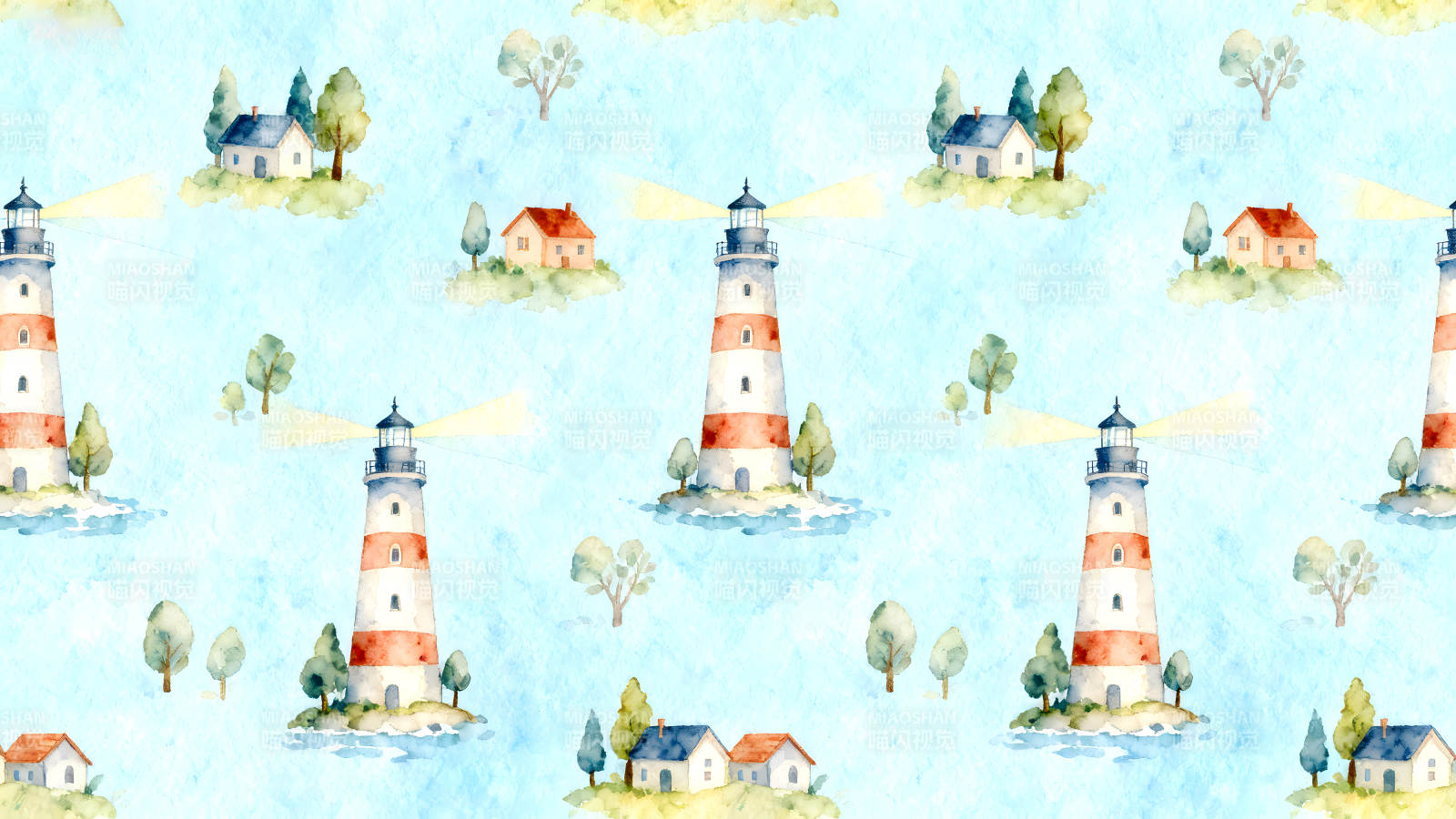 水彩风灯塔与房屋构成场景图片