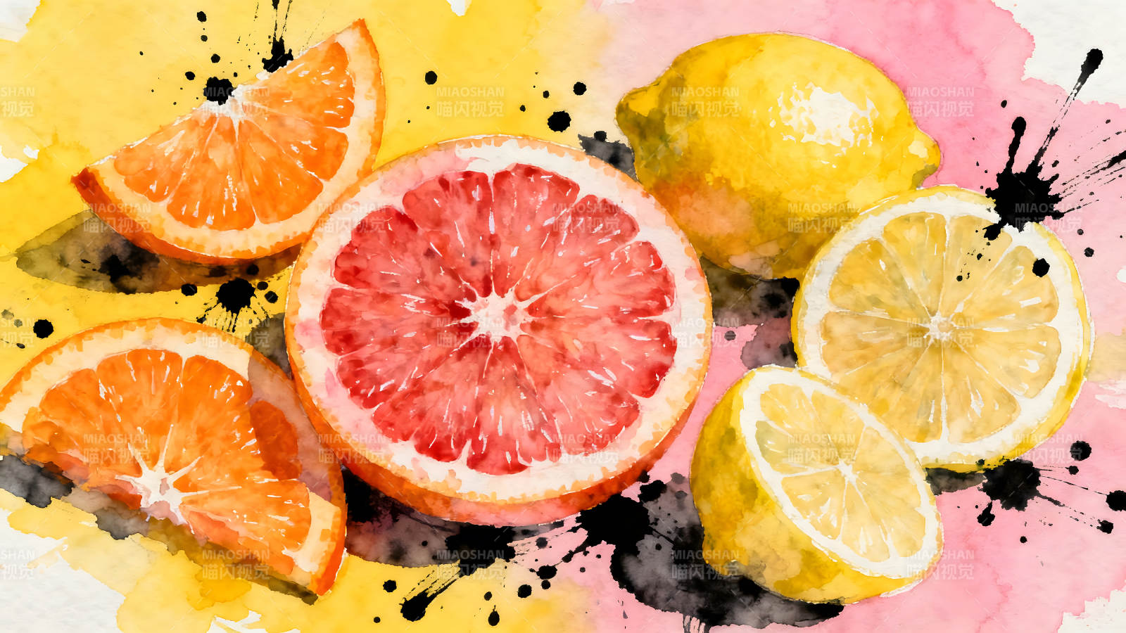 水彩水果绘画柠檬橘子葡萄柚图片