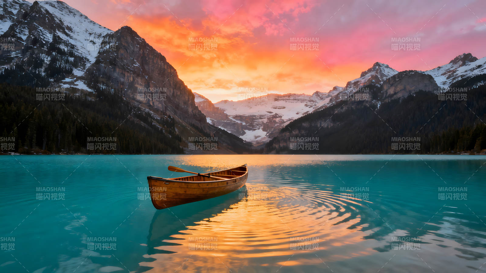 湖泊夕阳下的木船和山脉图片