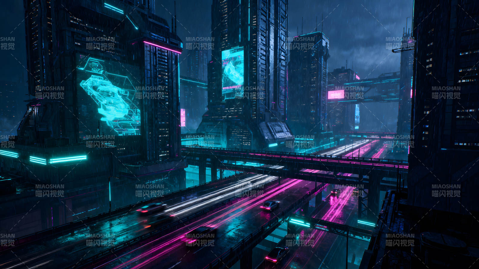 赛博朋克雨夜城市车流图片