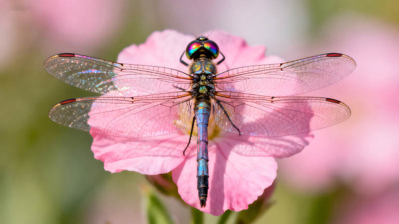 蜻蜓停在粉色花朵上图片
