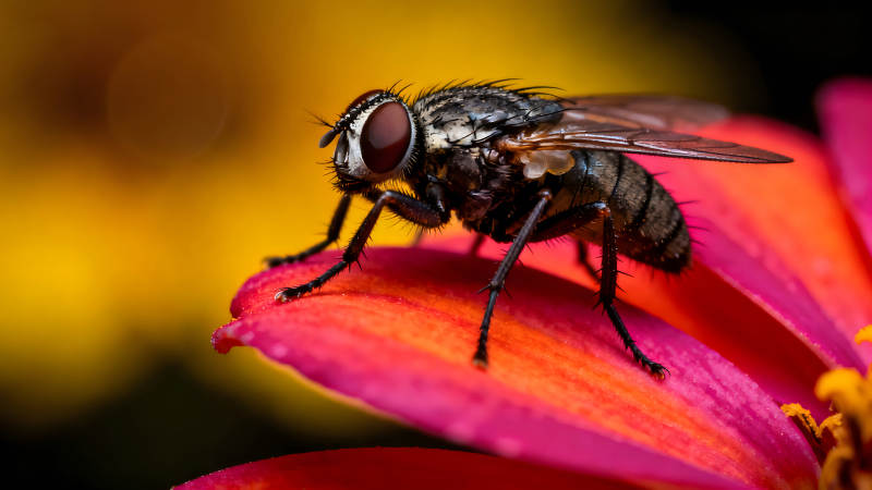 苍蝇停在花瓣上特写图片