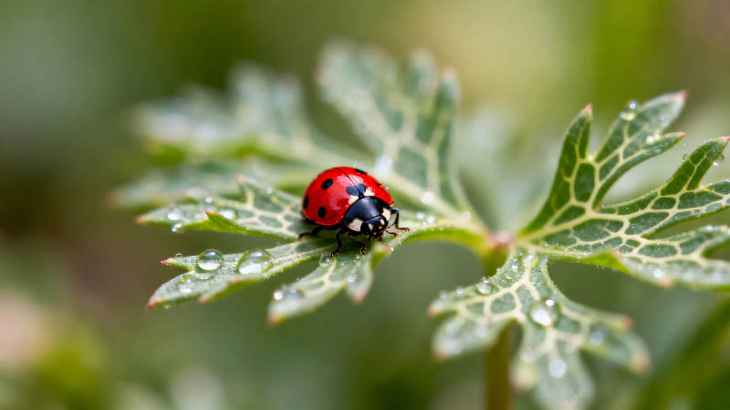 瓢虫停在叶片上水珠晶莹剔透图片