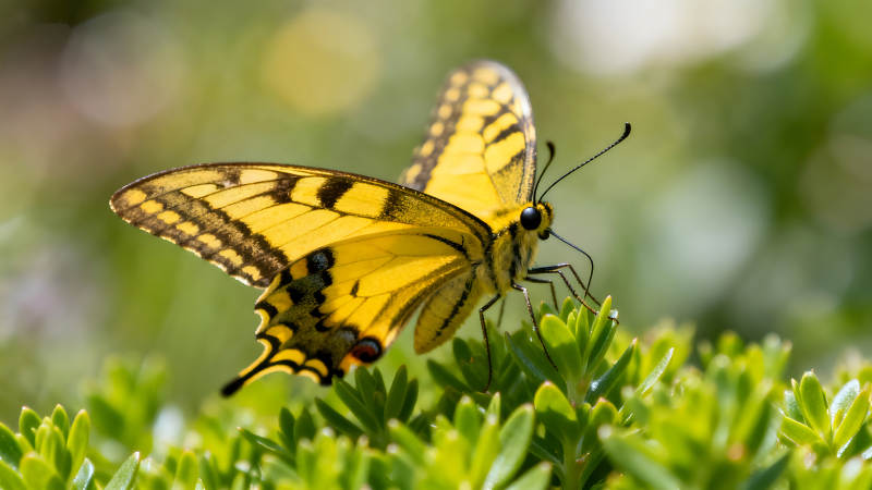 一只美丽的黄色蝴蝶栖息在绿叶上图片