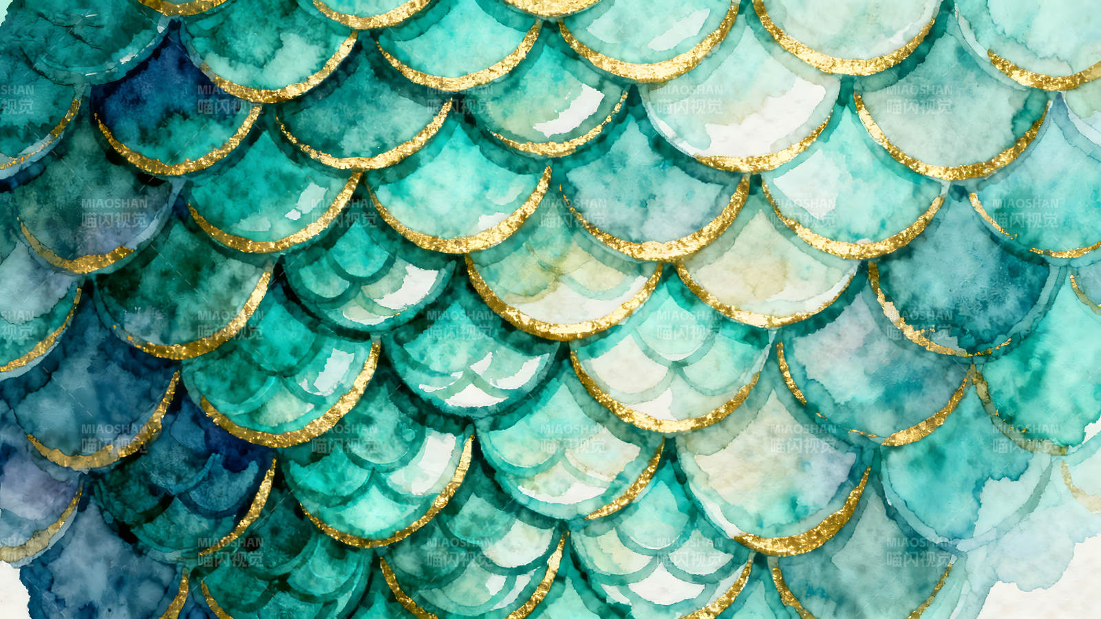 水彩鱼鳞纹理金边装饰图片