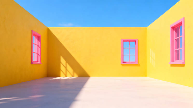 黄色墙壁粉色窗户蓝天背景图片