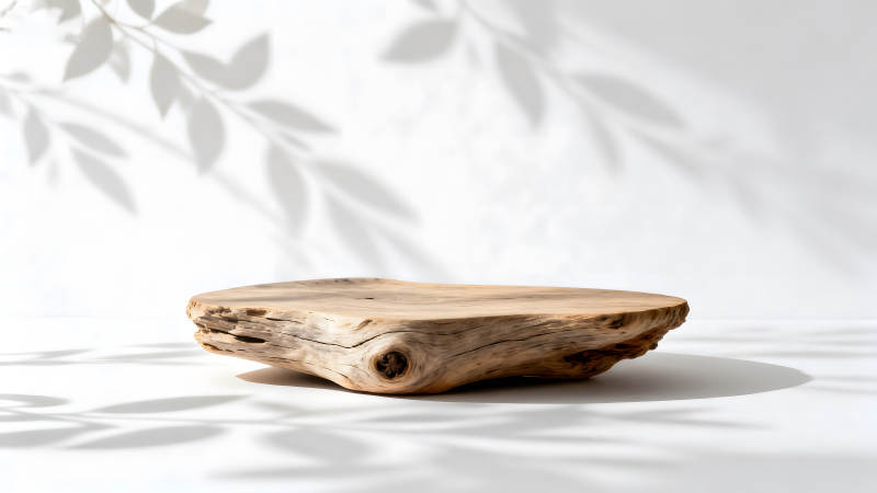 木制展示台与叶影光线下的简洁美感图片