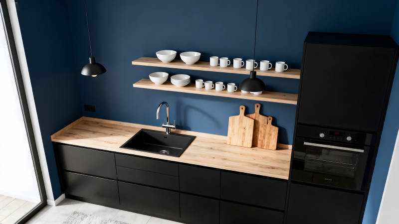 现代厨房设计黑白配蓝色墙面图片