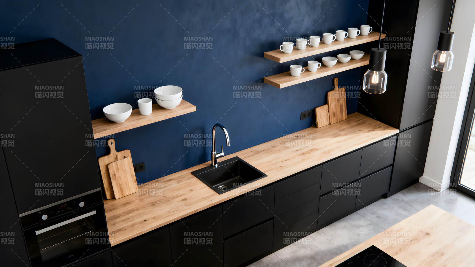 现代厨房设计黑白蓝搭配图片