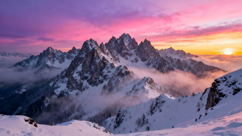 壮丽的雪山与晚霞交相辉映的绝美景色图片