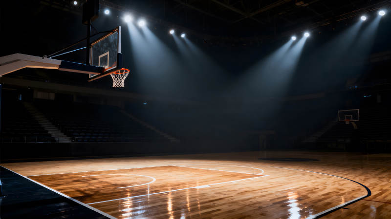 篮球场馆灯光下的木地板与球框图片